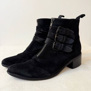 Sendra Black Suede Ankle Moto Boots with Three Buckle Straps and Zipper Size 39